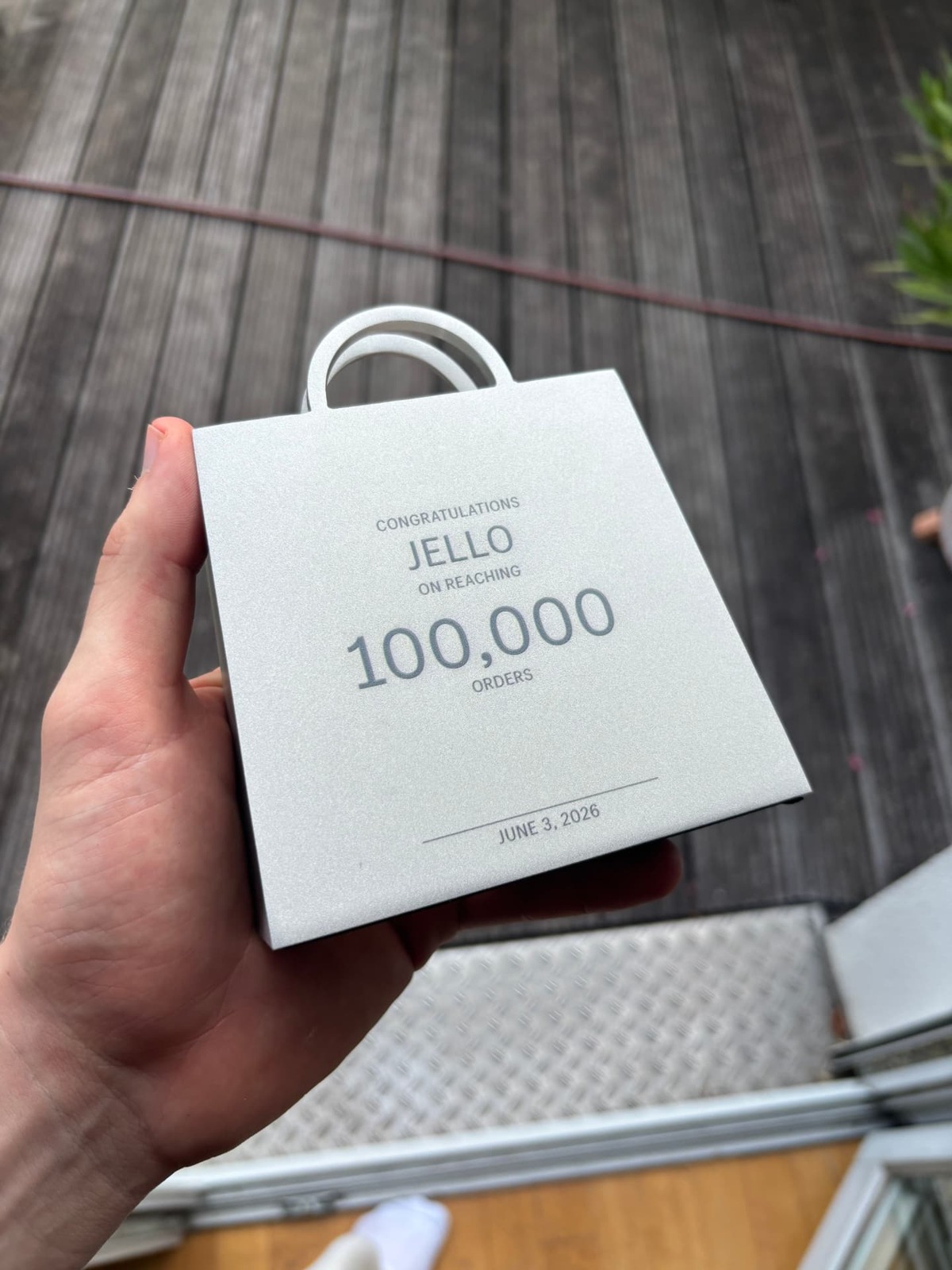 Shopify award plaque celebrating 100,000 Jello orders